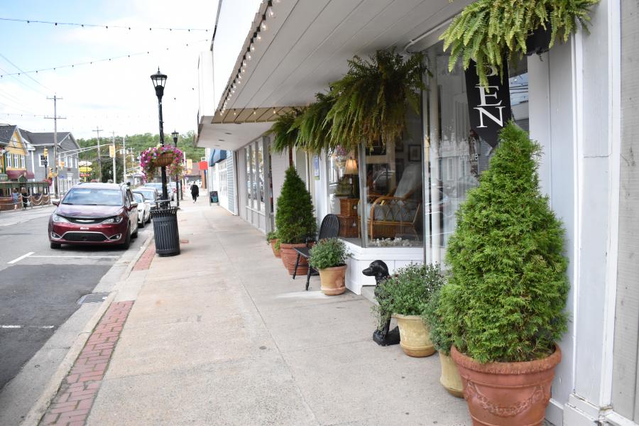 Green shrubs are planted in terracotta pots outside a stylish shop located downtown