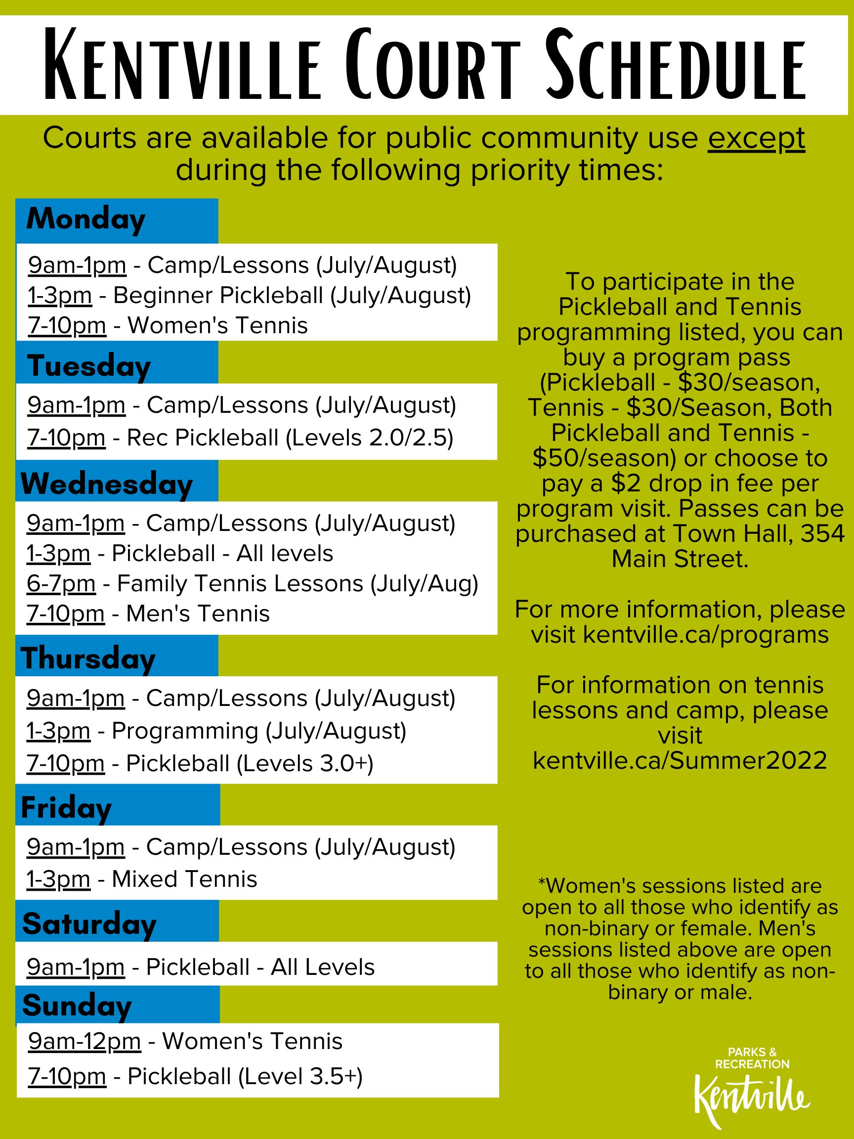 Kentville Tennis/Pickleball Court schedule for summer 2022