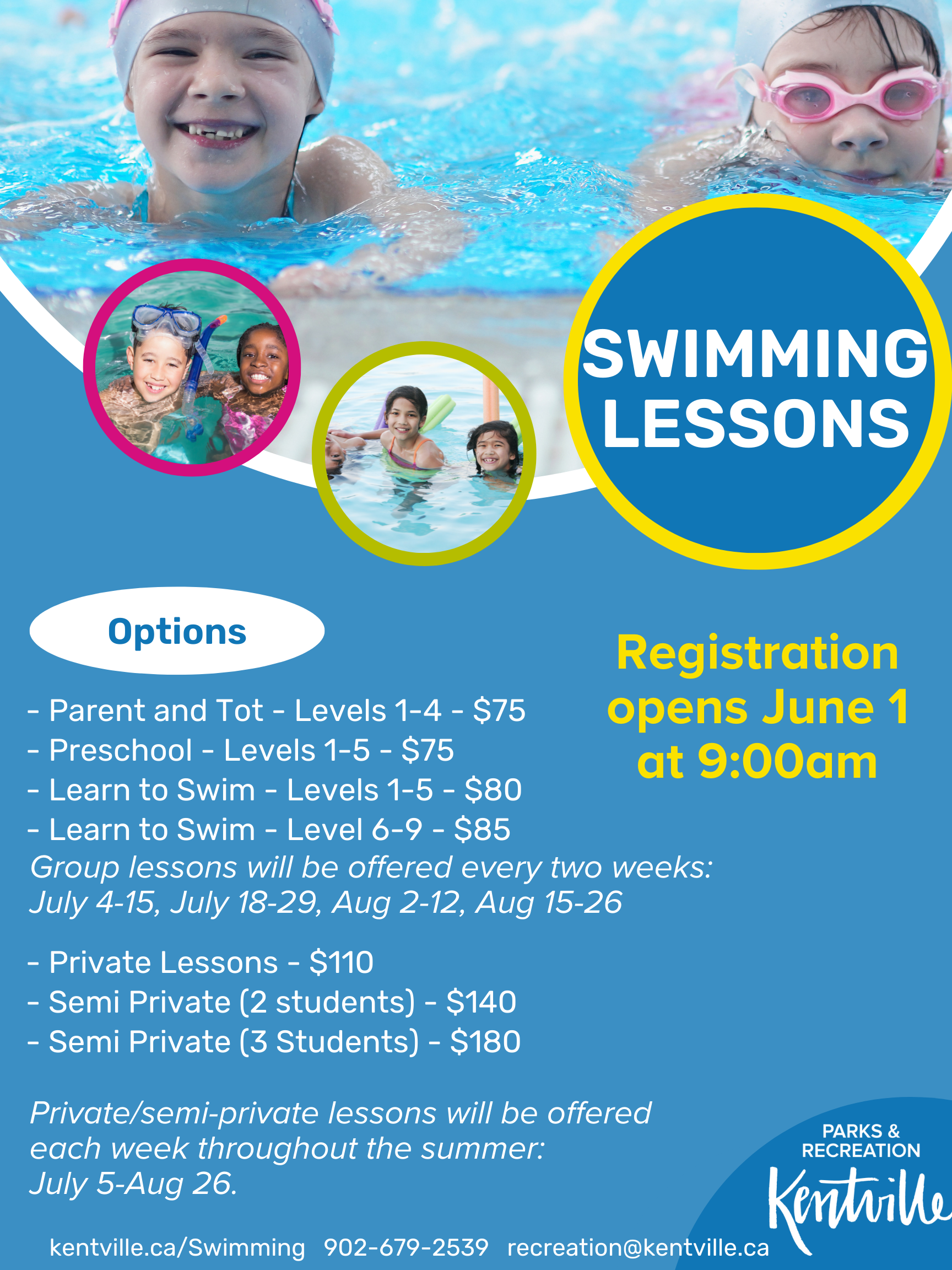 Swimming lesson poster. Offering parent and tot, preschool and levels 1-9. 