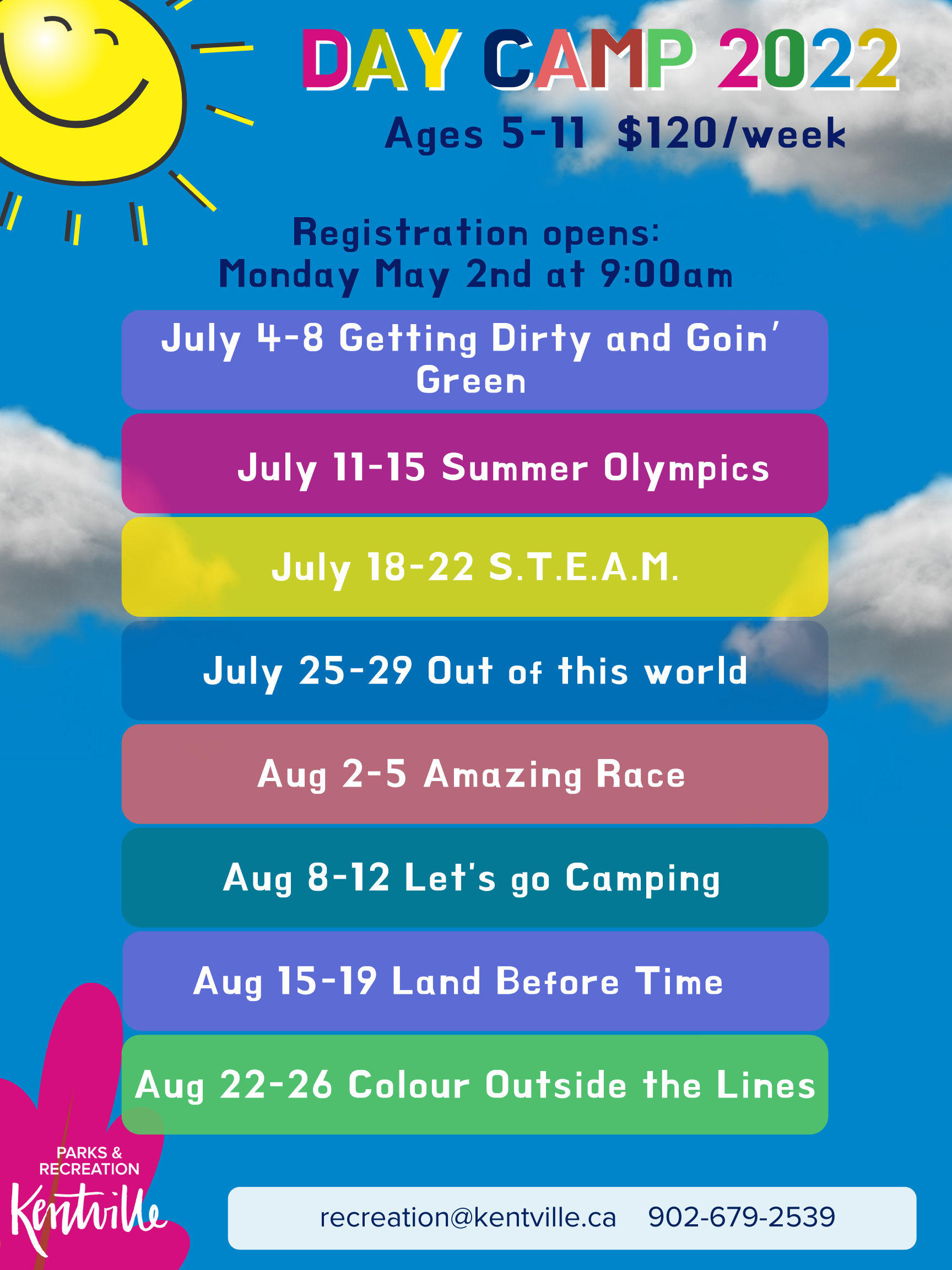 Day camp 2022 poster with information on the 8 day camp themes for 2022. 