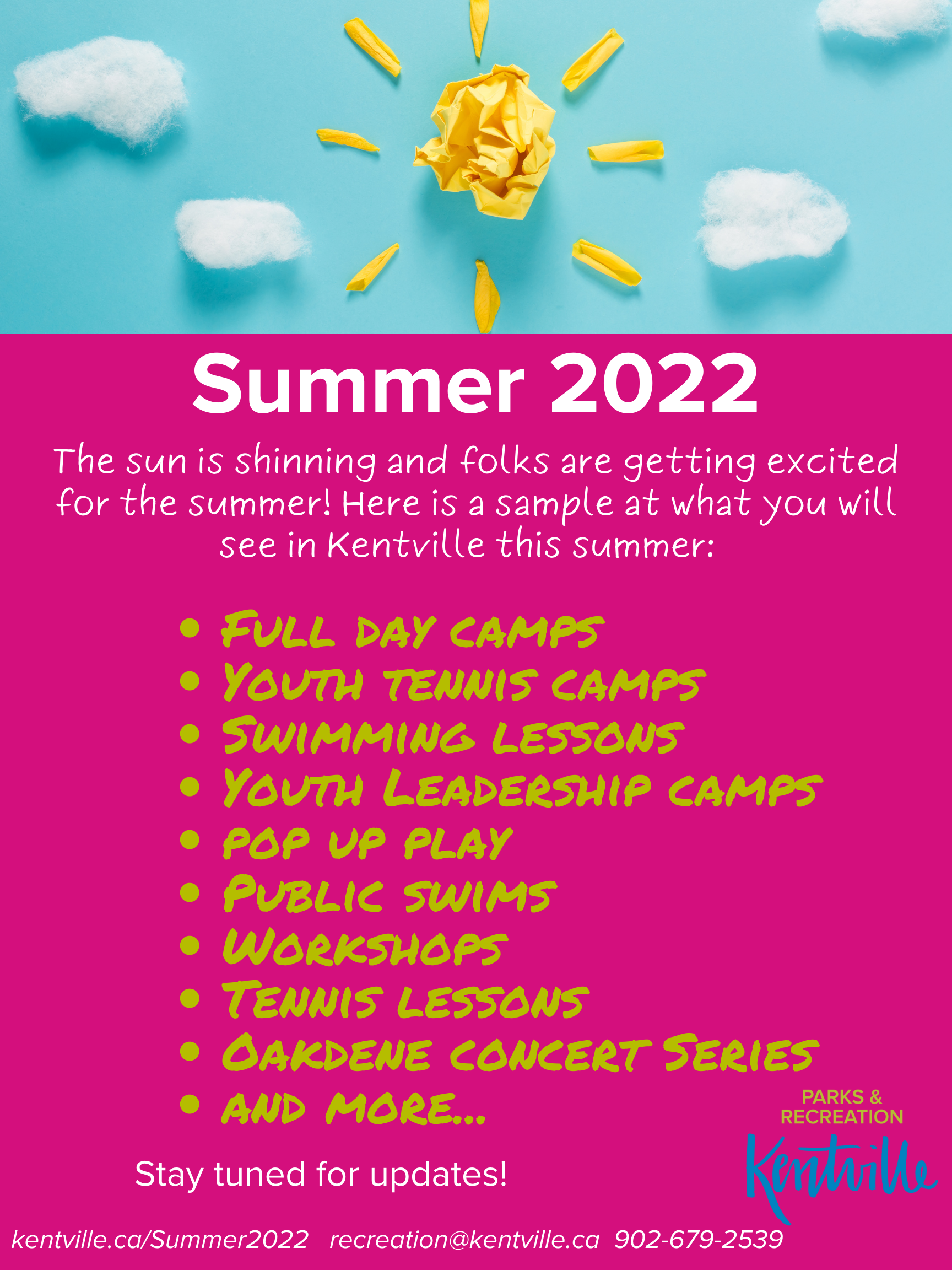 Image listing program and event opportunities in Kentville for summer 2022 such as Day Camp, Tennis Lessons, Swimming lessons, Oakdene Summer Concert Series, Youth Leadership Camps, Youth Tennis camps. 