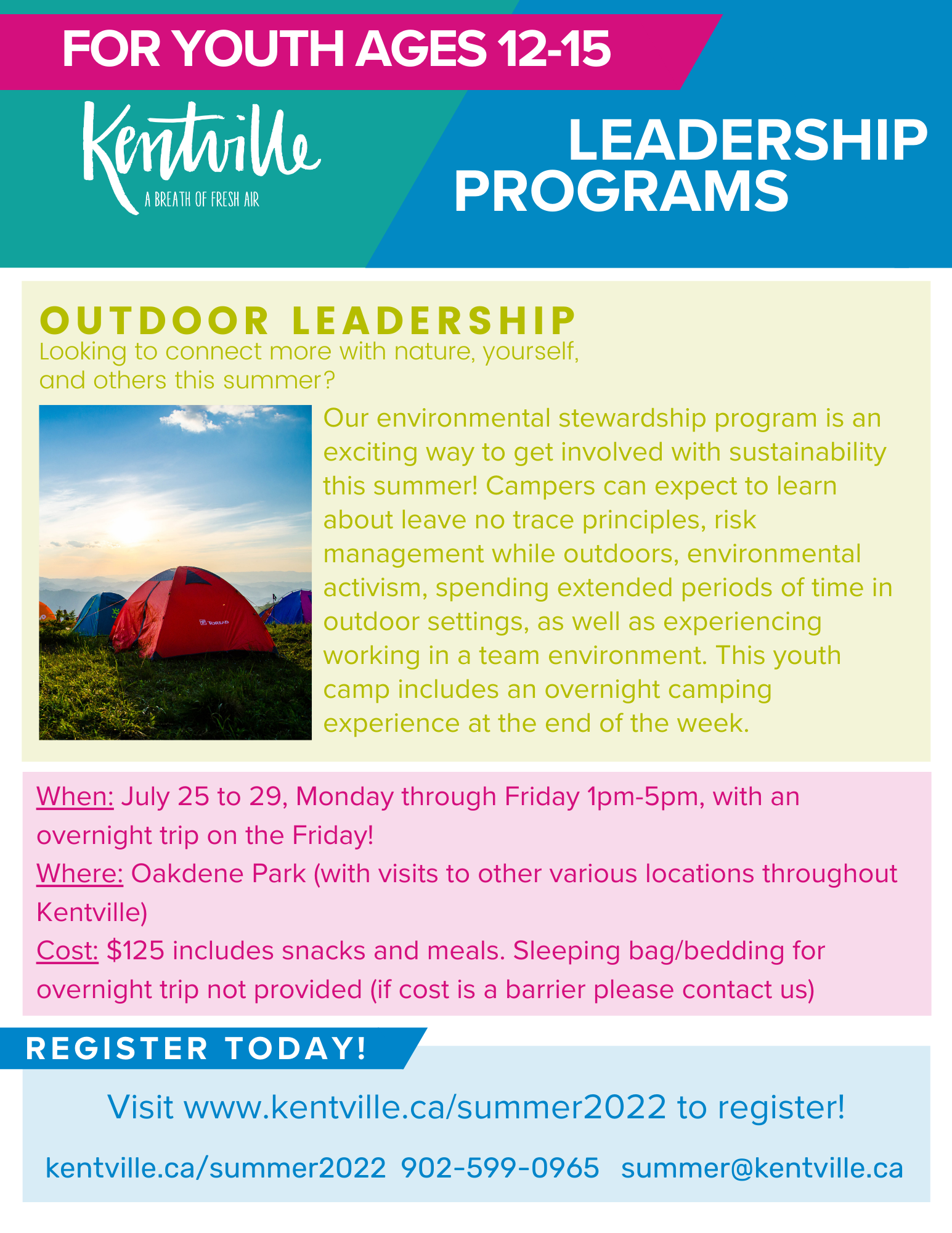 Poster outlining the Youth Outdoor Leadership Program poster. For more information, please call 902-599-0965 or email summer@kentville.ca