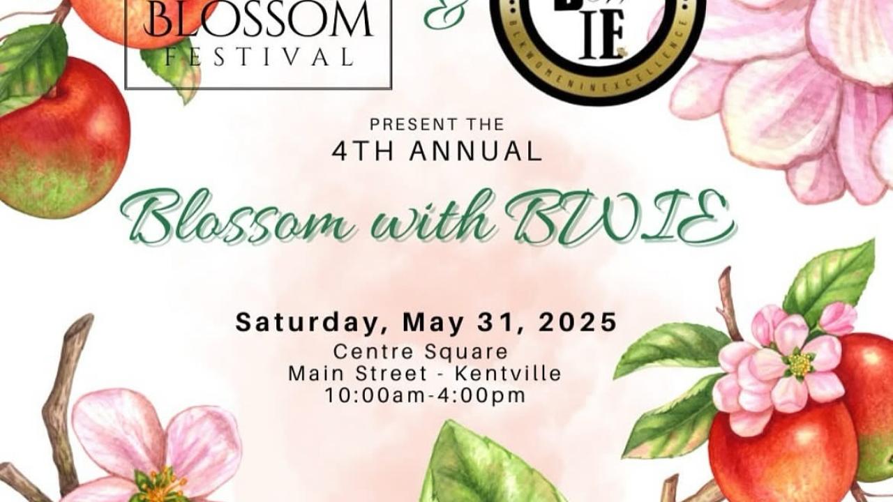 poster image of blossoms includes information about a black vendor market taking place on Saturday May 31st in Centre Square in downtown Kentville.