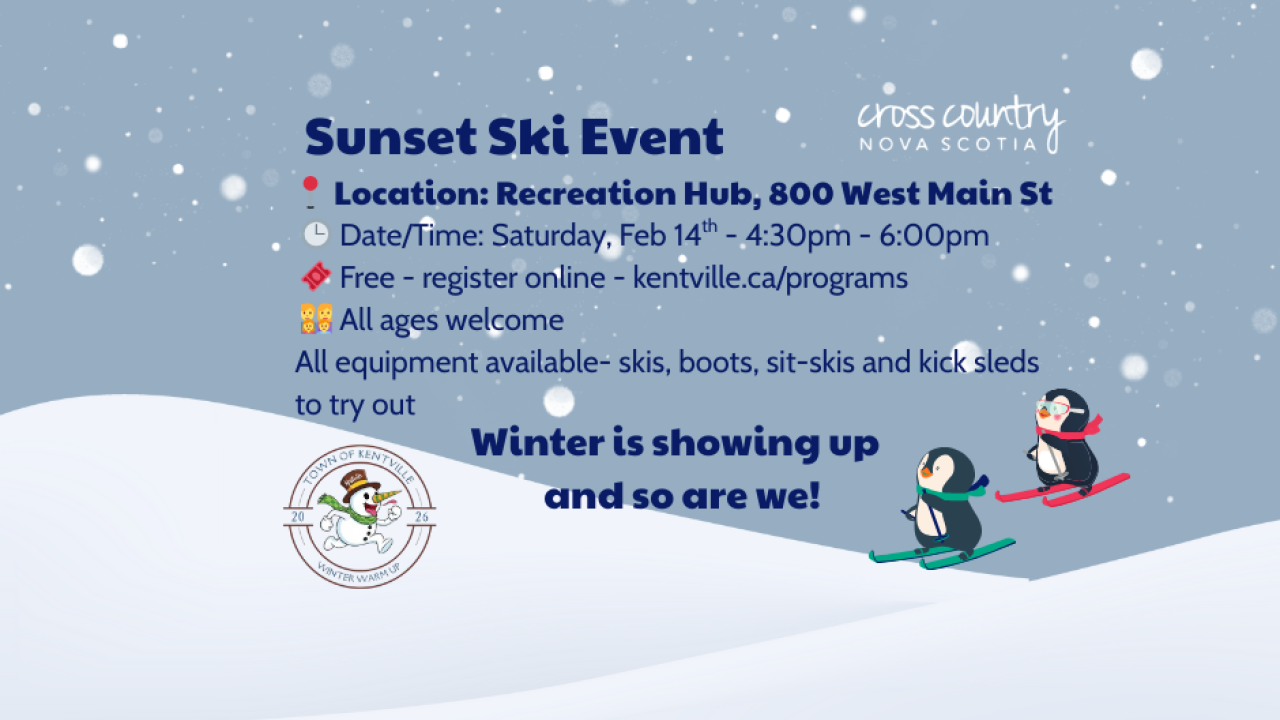 Sunset Ski, February 28, 4:30pm - 6:00 pm, Recreation Hub, Free and register online beforehand. All equipment available - skis, boots, kick sleds 