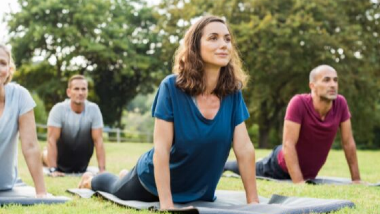 Adults doing gentle yoga