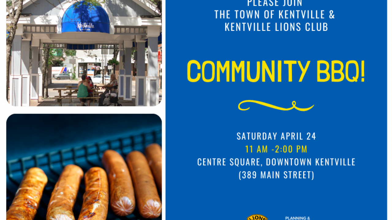 a poster gives the details of the event, date time and location.  Images depict hot-dogs on a grill, and some people sitting at a picnic table in Centre Square