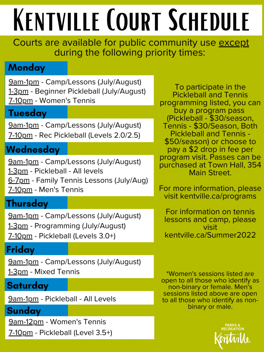 Tennis/Pickleball Court Schedule for summer 2022