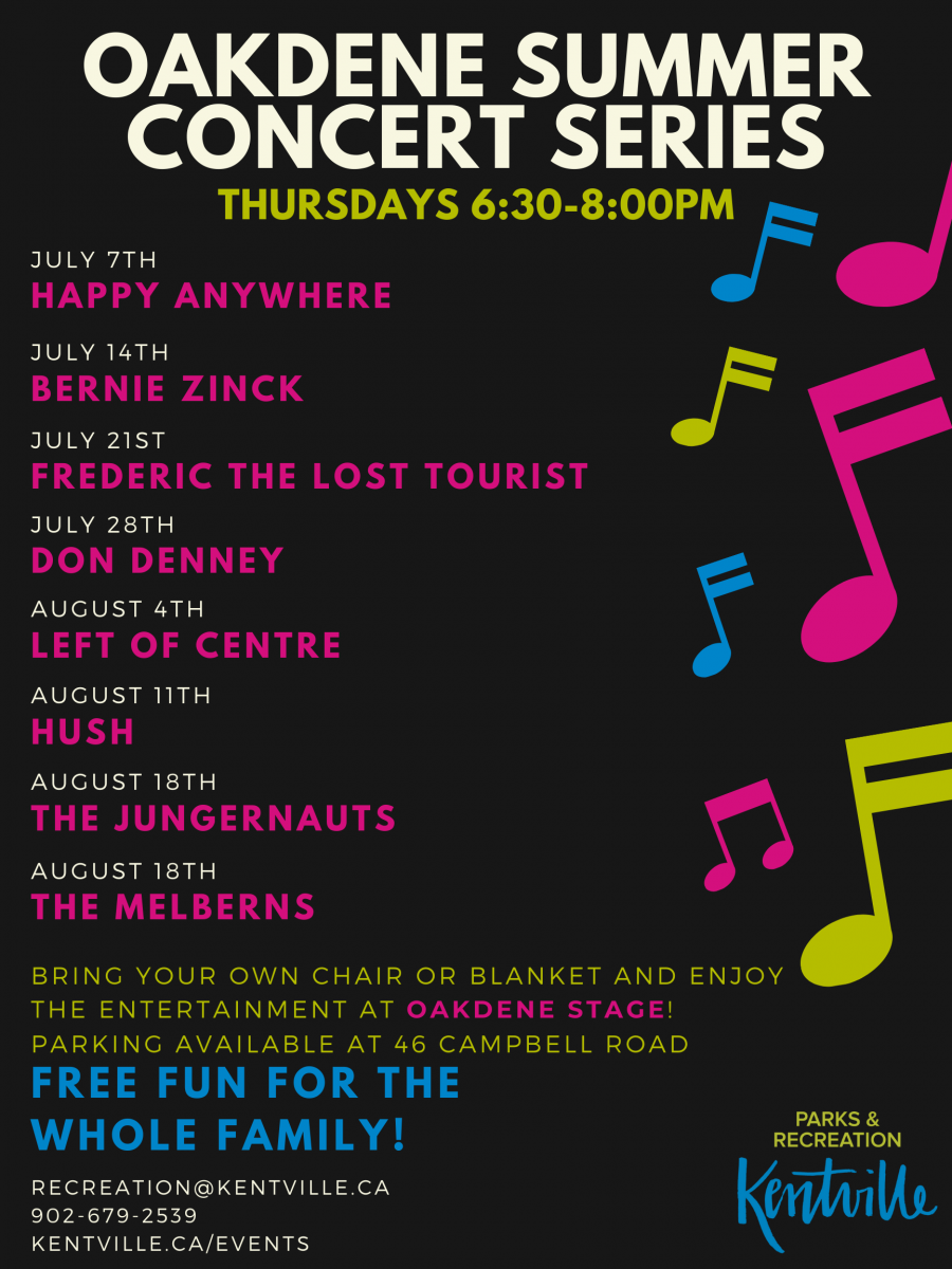 Oakdene Summer Concert Series line up for summer 2022. Thursdays from 6:30-8:00pm starting Thursday July 7th until Thursday August 25th. 