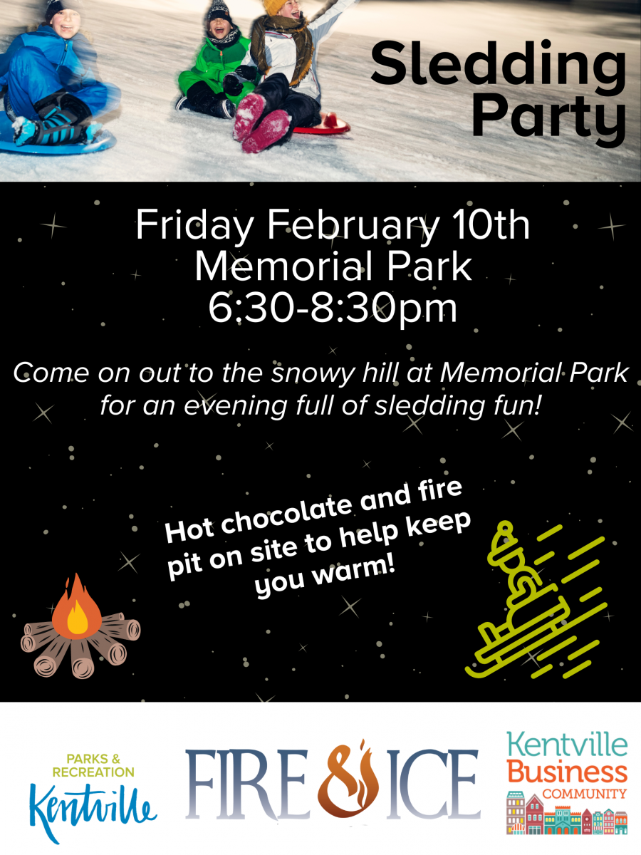 a poster with details about a sledding party happening on friday feb 10th 2023