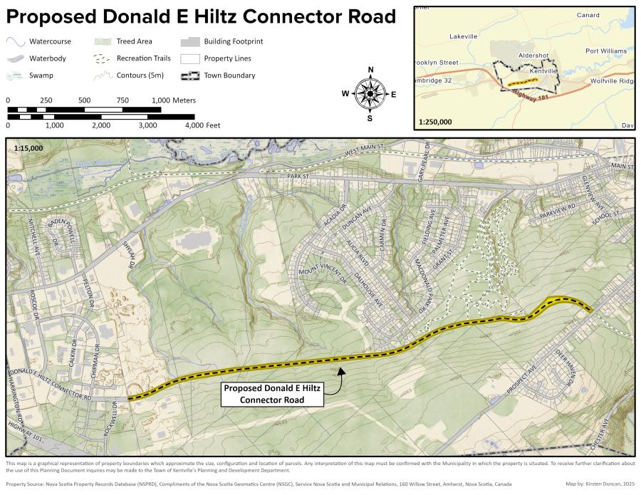 map showing proposed road location for the donald e hiltz connector