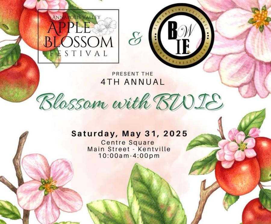 poster image of blossoms includes information about a black vendor market taking place on Saturday May 31st in Centre Square in downtown Kentville.