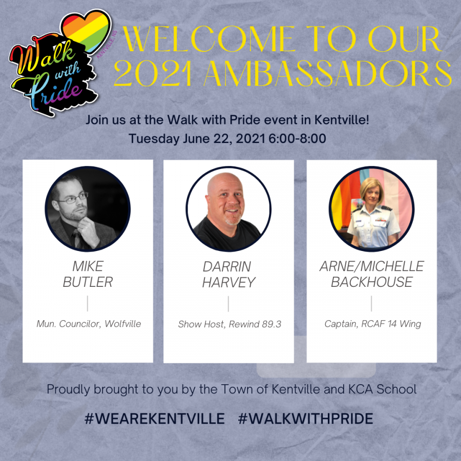 A poster shows the headshots of three people, Mike Butler, Darrin Harvey, and Captain Arne/Michelle Backhouse.  They are called "Pride Ambassadors" for the event called "Walk with Pride". 