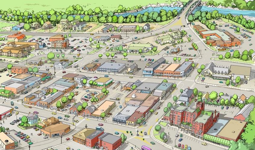 Map of town drawn by a cartoonist shows the layout of a downtown