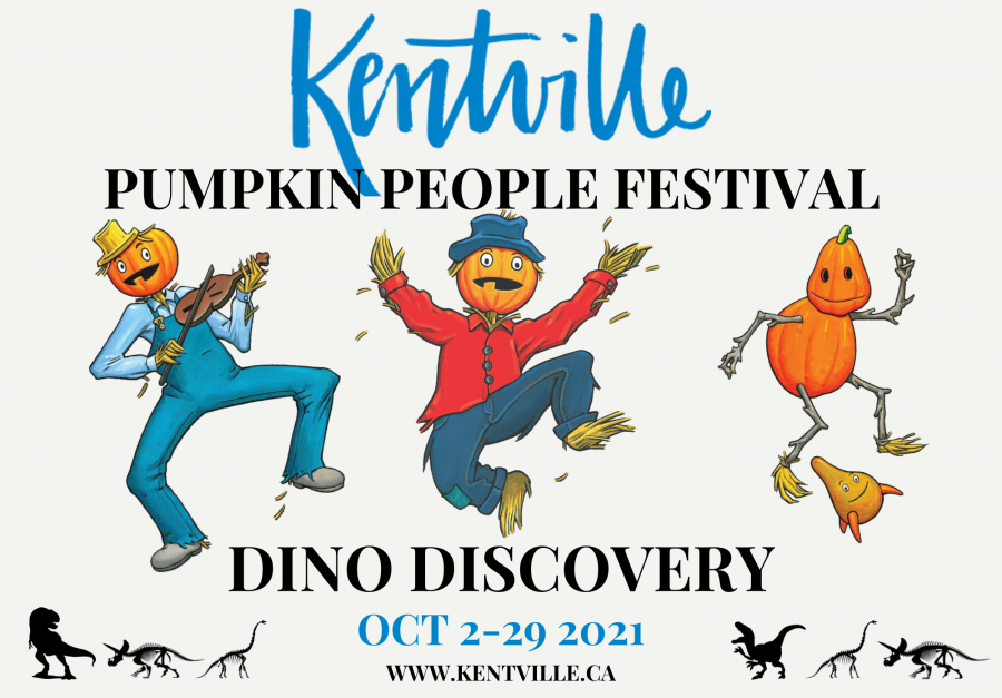 An image showing cartoon pumpkin people having fun.  The theme on the poster is "Dino Discovery" and silhouettes of different dinosaurs indicate what props people will see when they visit the Pumpkin People Festival in 2021