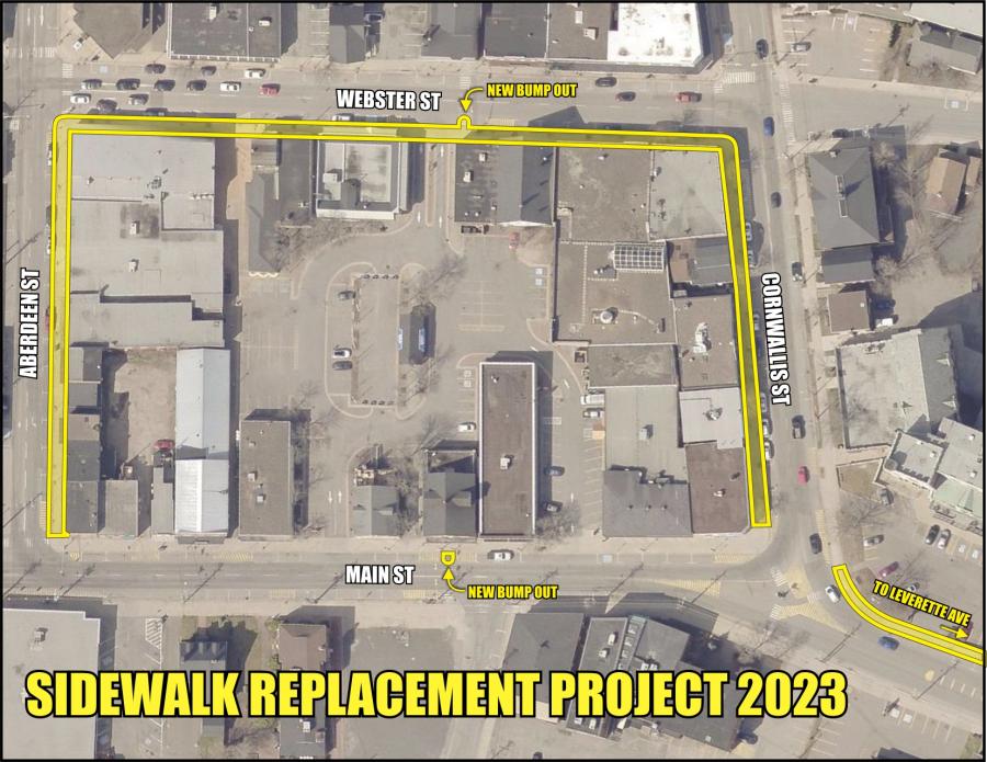 a map shows streets that will undergo sidewlak replacement downtown in kentville during the fall of 2023