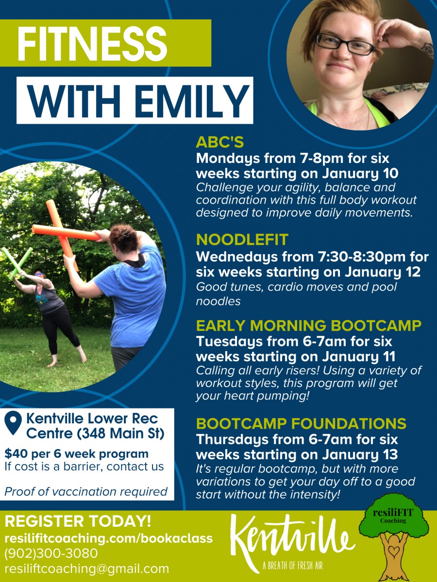 Poster indicating the information for 4 fitness classes with Emily