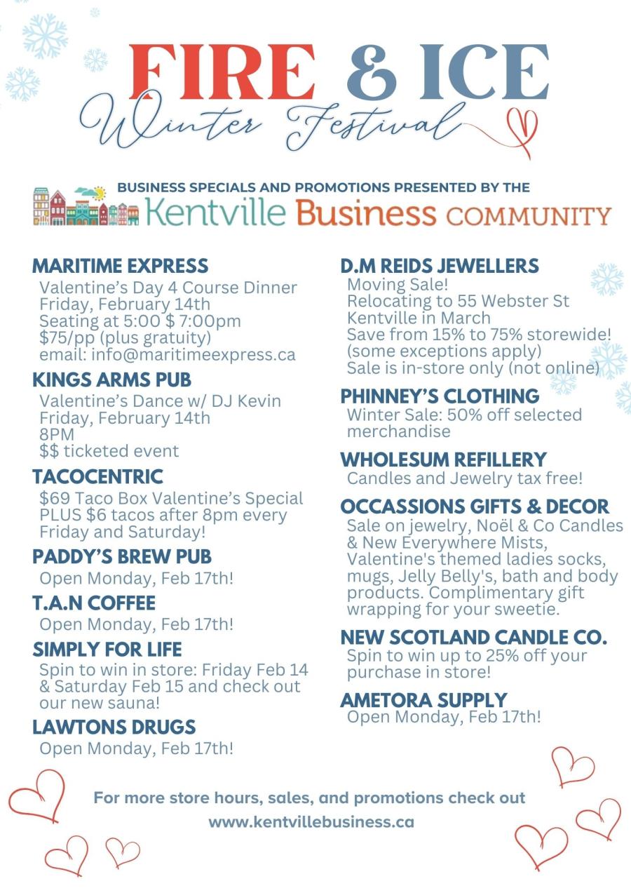 a list of specials being offered by Kentville businesses during the 2025 fire and ice festival 