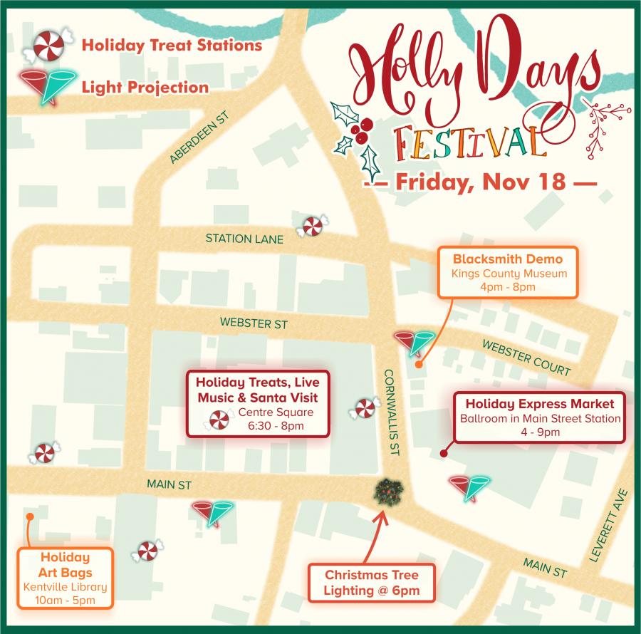 A map of downtown Kentville shows locations of upcoming events.  Centre Square, the Kings County Museum, and The Kentville heritage centre are all highlighted.