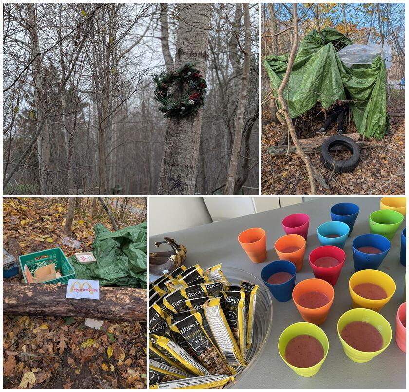 four images collage, the first one is a Christmas wreath on a three, the second one is a three house in the forest, the third one is children crafts in the forest and the fourth and last one is kids snacks on a table. 