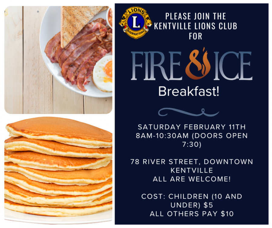 poster with info about a lions club breakfast scheduled for february 11th at 7:30 am