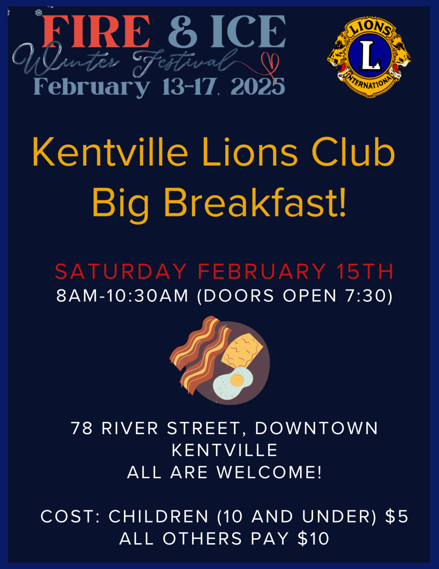 a poster shows cartoon breakfast food and invites people to attend a Lions Club Breakfast on Saturday February 15th 