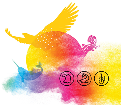 Colourful watercolour logo including images of a sun, eagle, narwal and violin.