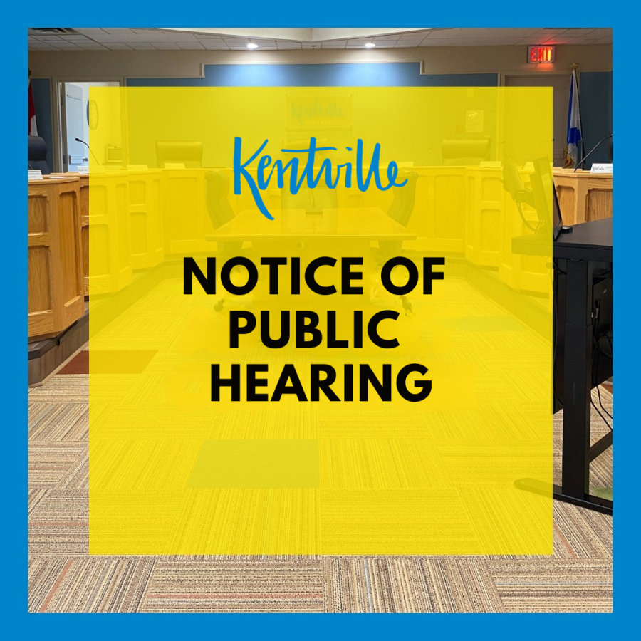 The background of the image is a picture of Town of Kentville Council Chambers with the logo forward and the text notice of public hearing.