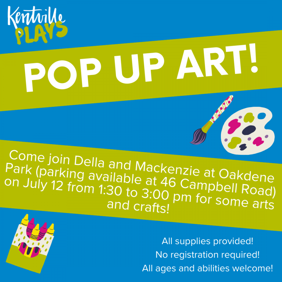 Come join Della and Mackenzie at Oakdene Park (parking available at 46 Campbell Road) on July 12 from 1:30 to 3:00 pm for some arts and crafts!