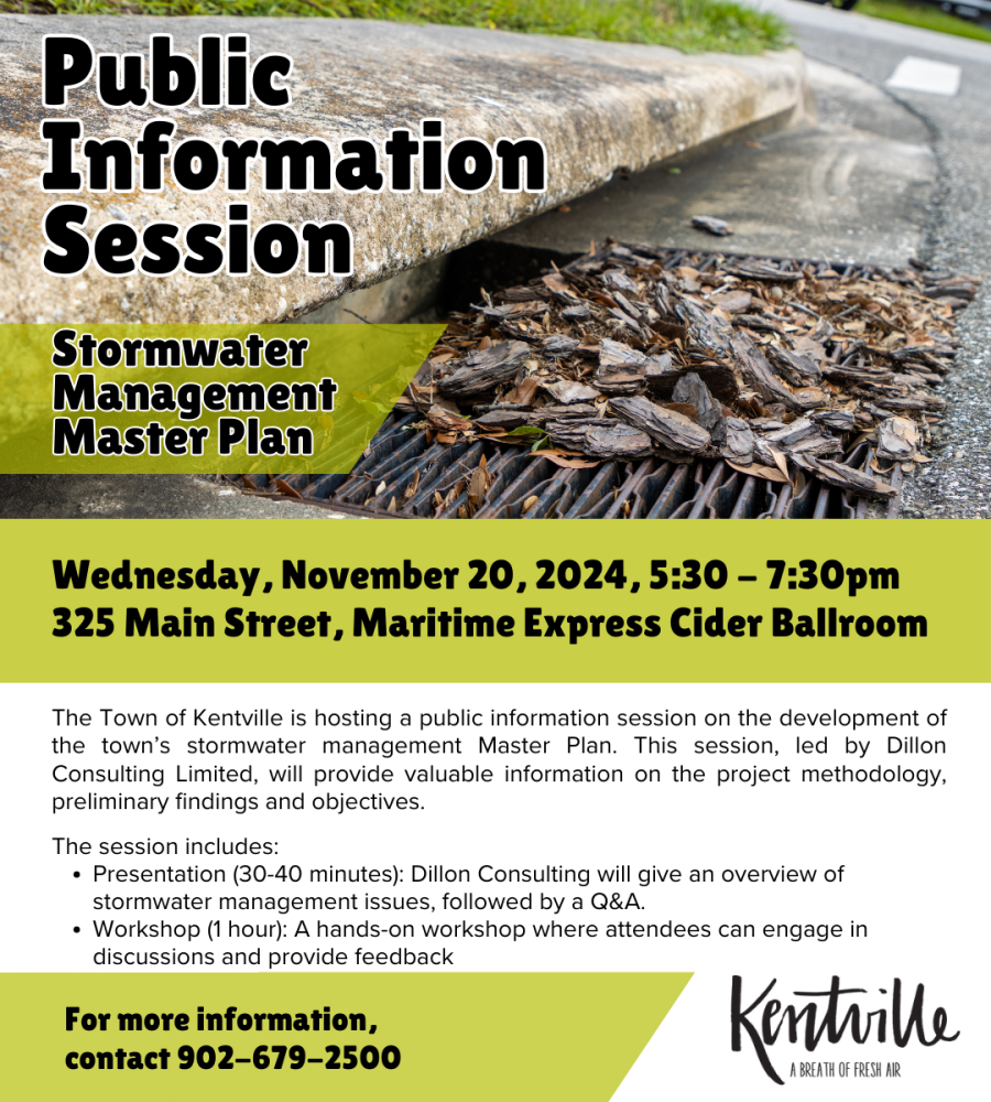 A poster advertising a public info session regarding stormwater management