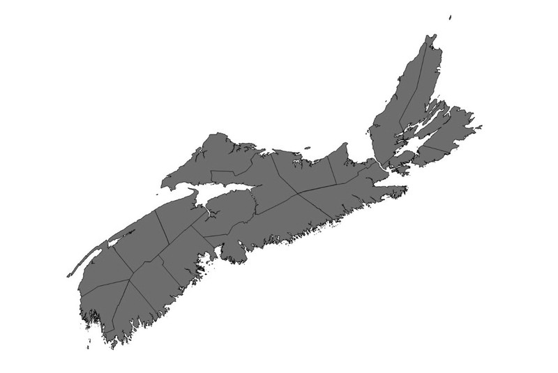 A map of Nova Scotia is coloured grey indicating current burn restrictions by county
