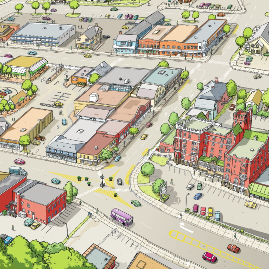 image of a cartoon map of Kentville downtown