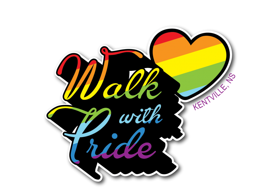 A logo in rainbow colours against a black background says "walk with pride, kentville nova scotia"