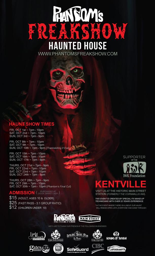 A poster showing dates and times of the haunted house event.  