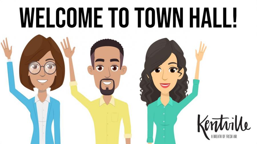 Happy cartoons waving, welcome to town hall