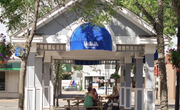 A white gazebo with blue awnings provides shade to three people at an accessible picnic table.  One man is in a wheelchair, and two women are listening and drinking coffee as he tells a story.